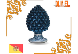 Pigna Ceramica Caltagirone  Artigianale Blu Antico Base Decorata Fiori  h 30cm